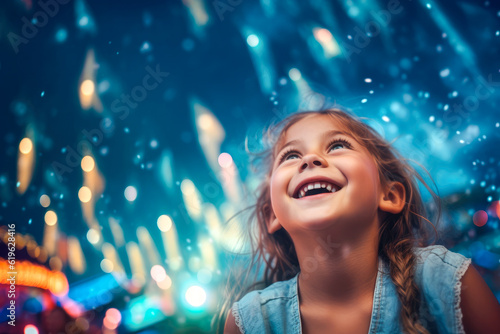 Young girl experiencing wonder and joy at a summer amusement park, captivated by the bright lights and thrilling rides during her fun-filled vacation, generative ai