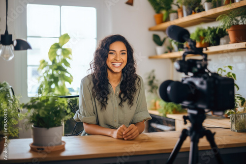 Young female influencer recording a video for social media, capturing her lifestyle and setting the latest trends. Female content creator, generative ai