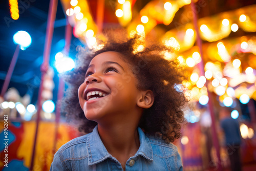 Young girl experiencing wonder and joy at a summer amusement park, captivated by the bright lights and thrilling rides during her fun-filled vacation, generative ai
