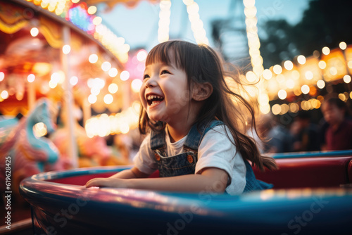 Young girl experiencing wonder and joy at a summer amusement park, captivated by the bright lights and thrilling rides during her fun-filled vacation, generative ai