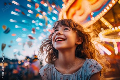 Young girl experiencing wonder and joy at a summer amusement park, captivated by the bright lights and thrilling rides during her fun-filled vacation, generative ai photo