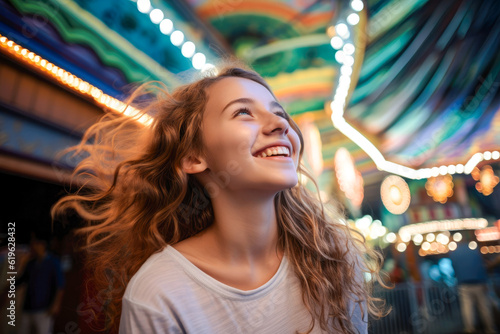 Young girl experiencing wonder and joy at a summer amusement park, captivated by the bright lights and thrilling rides during her fun-filled vacation, generative ai