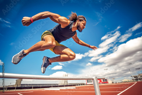 Young man jumping over obstacles on an athletics track, sunny day, generative ai © MVProductions
