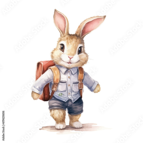 Cute rabbit student cartoon in watercolor painting style