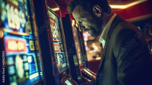 Close-up of a person playing a slot machine in a casino