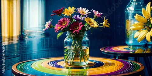 Colorful flowers in a vase with water. on the table.
