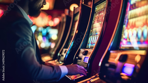 Fotografering Close-up of a person playing a slot machine in a casino