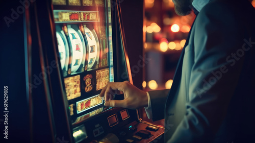 Close-up of a person playing a slot machine in a casino