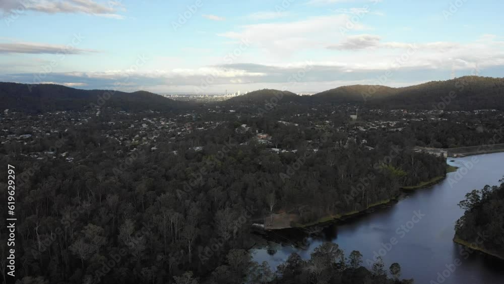 aerial drone panorama of famous enoggera reservoir in brisbane, queensland, australia; beautiful lake with large dam aerial drone panorama of famous enoggera reservoir in brisbane, queensland, australia; beautiful lake with large dam