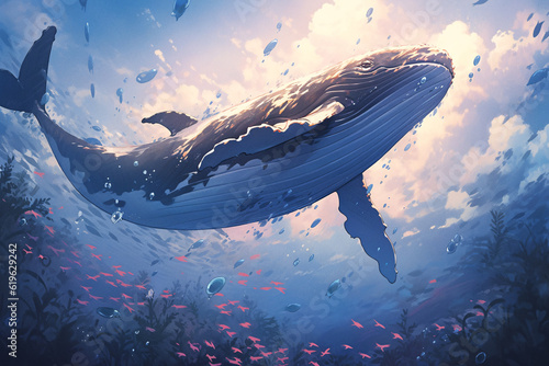 Fantasy dolphin illustration, whale hand-painted, healing system © lin