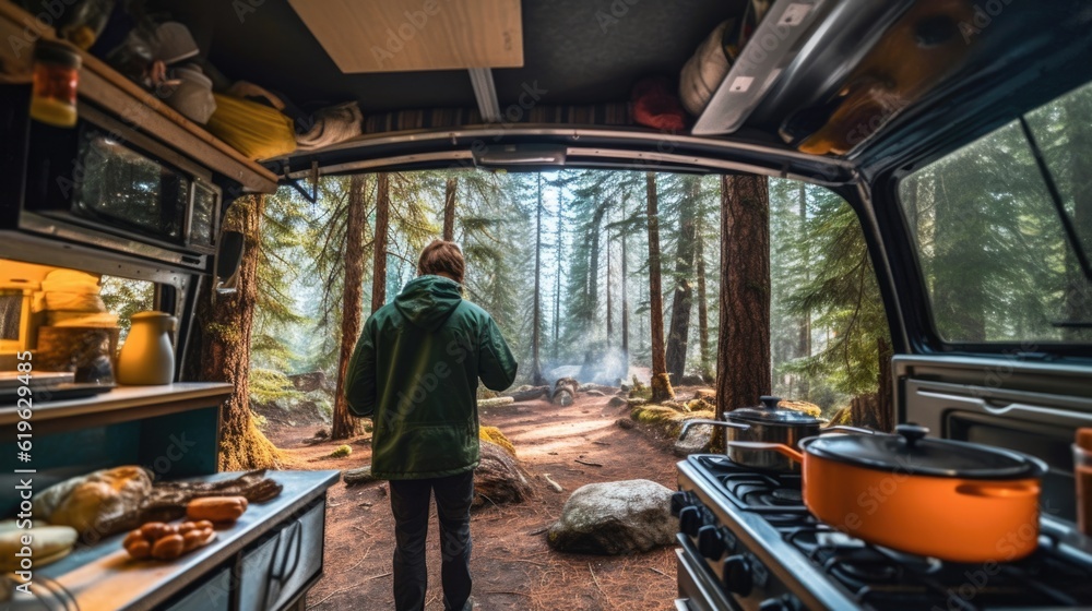 camper cooking a meal in the wilderness of Yosemite National Park generative ai