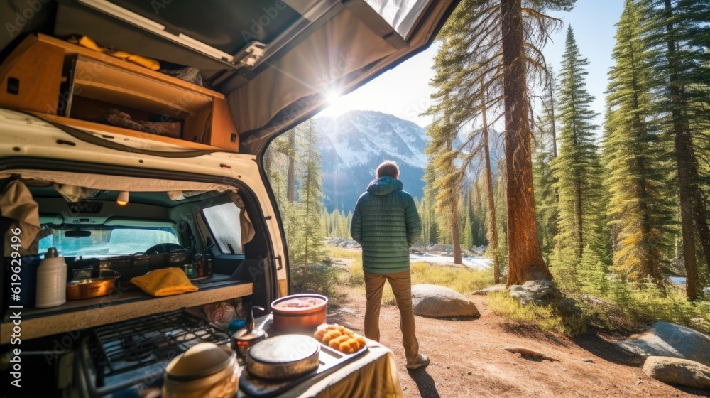 camper cooking a meal in the wilderness of Yosemite National Park generative ai camper cooking a meal in the wilderness of Yosemite National Park generative ai