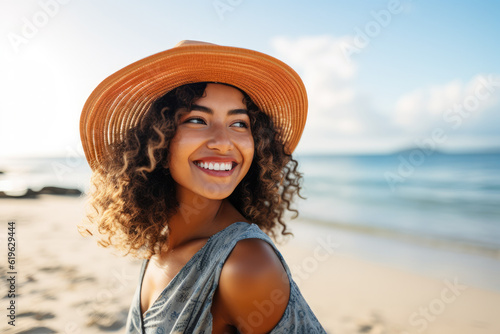 Blissful smiling woman on a beach vacation, smiling broadly with joy, enjoying her long awaited holidaysBlissful smiling woman on a beach vacation, smiling broadly with joy, generative ai