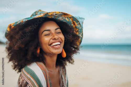 Blissful smiling woman on a beach vacation, smiling broadly with joy, enjoying her long awaited holidaysBlissful smiling woman on a beach vacation, smiling broadly with joy, generative ai