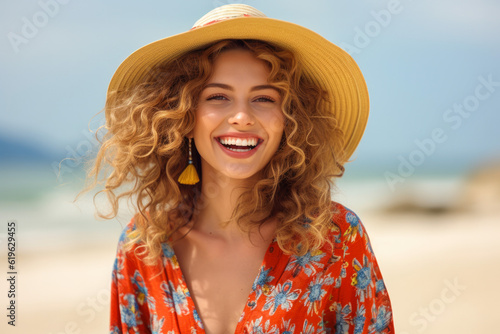 Blissful smiling woman on a beach vacation, smiling broadly with joy, enjoying her long awaited holidaysBlissful smiling woman on a beach vacation, smiling broadly with joy, generative ai