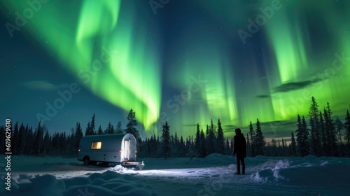 camper gazing at the Northern Lights in Lapland generative ai
