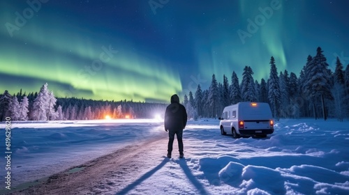camper gazing at the Northern Lights in Lapland generative ai