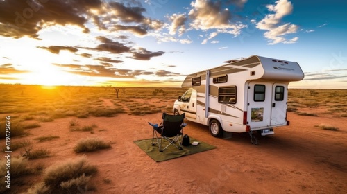 Fotografiet camper in the vast landscapes of the Australian Outback generative ai