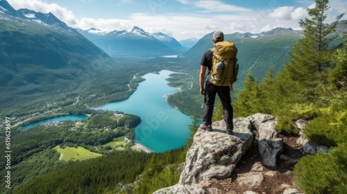 hiker overlooking the stunning fjords of Norway generative ai © ThisDesign