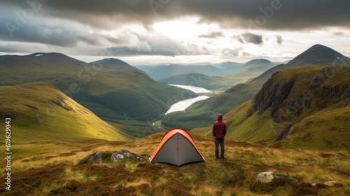 person camping in the magical landscapes of the Scottish Highlands generative ai