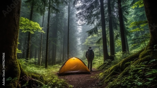 person camping in the mystical Black Forest generative ai