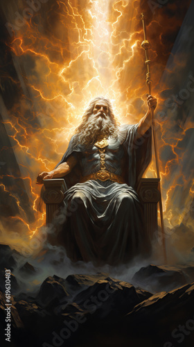 The mighty Zeus, God of Olympus, sitting on the throne. Greek god. Mythology. Greece. AI generated image.