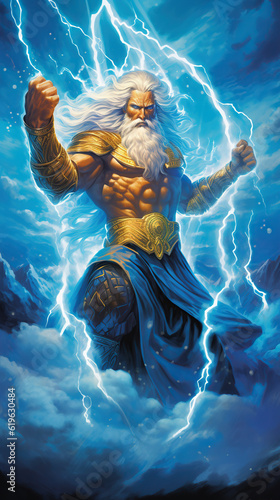 Mighty Zeus, God of Olympus. Greek god. Mythology. Greece. AI generated image.
