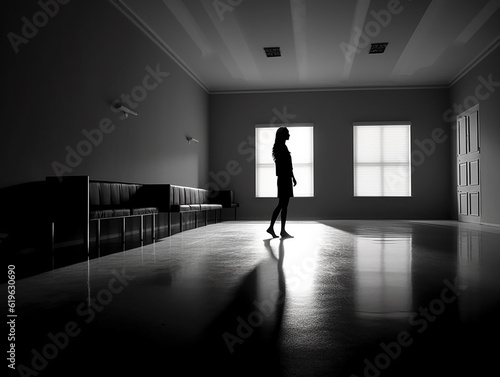 black and white picture of a silhouette in the empty room generative AI