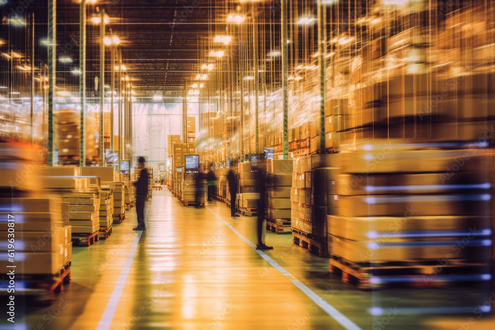 Blurred photo of warehouse employees in action, moving shipment boxes with high speed, showcasing the dynamics of international trade logistics, generative ai Blurred photo of warehouse employees in action, moving shipment boxes with high speed, showcasing the dynamics of international trade logistics, generative ai