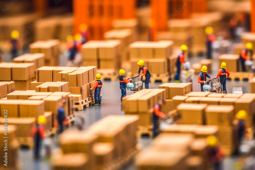 Blurred image with miniature effect of warehouse employees in action, moving shipment boxes with high speed, showcasing the dynamics of international trade logistics, generative ai Blurred image with miniature effect of warehouse employees in action, moving shipment boxes with high speed, showcasing the dynamics of international trade logistics, generative ai