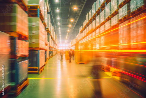 Blurred photo of warehouse employees in action, moving shipment boxes with high speed, showcasing the dynamics of international trade logistics, generative ai