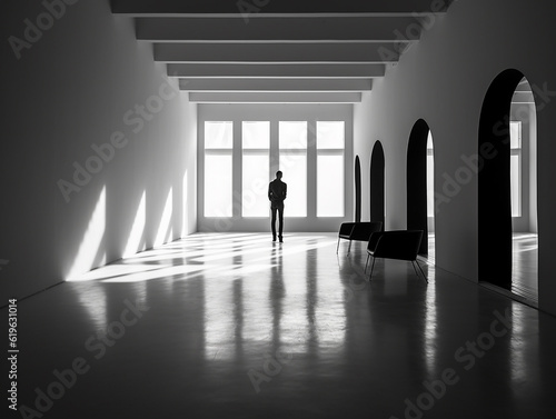 black and white picture of a silhouette in the empty room generative AI