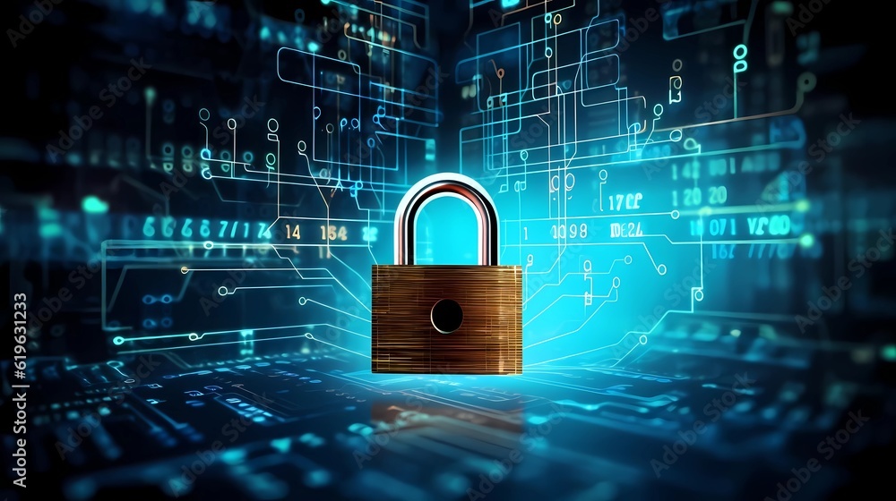 Cybersecurity padlock on a circuit board, data and network information protection; technology abstract concept Generative AI Cybersecurity padlock on a circuit board, data and network information protection; technology abstract concept Generative AI