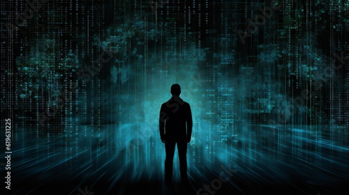 A man standing in front of a digital background