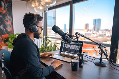 Male influencer or content creator recording a video podcast or YouTube video. Speaking into camera, illustrating the spontaneity and authenticity of contemporary digital communication, generative ai