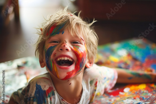 Candid image of a young smiling boy, engaged in painting with paint on his face and hands. Young creative hands, generative ai
