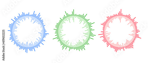 Radial sound waves collection. Round music equalizer bar set. Blue, red and green audio chart pack. Abstract circle radio and voice signal symbol for podcast, app, player. Vector element bundle