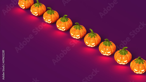 Pumpkin lanterns for Halloween celebration, holiday and horror theme, horizontal image