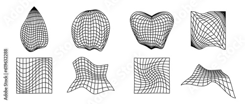 Distorted wireframe forms set. Different geometric surface grid shapes. Warped perspective planes and objects pack. Vector cube, sphere, heart, drop element bundle for poster, flyer, collage, template