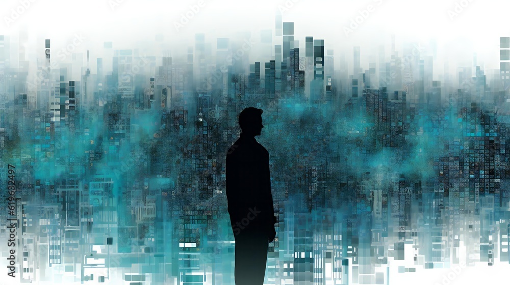 A man standing in front of a cityscape