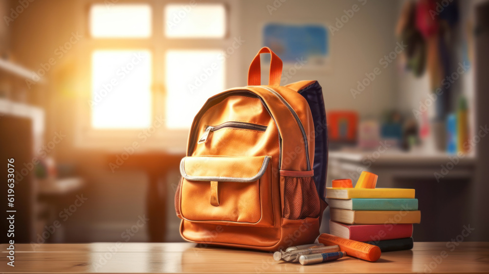 Orange backpack with school supplies on table. Back to school concept. Generative ai. - obrazy, fototapety, plakaty 