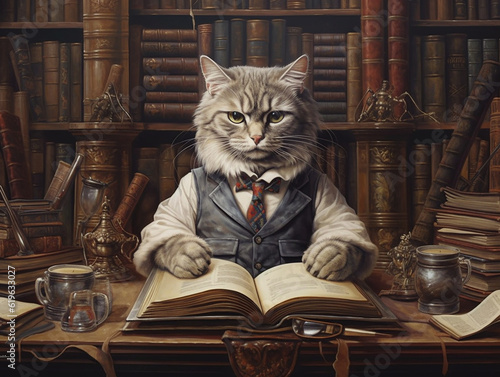 surrealist picture of a professor cat in a library, insane detail AI generative