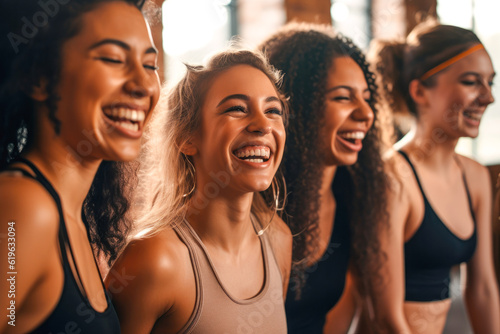 Group of women laughing after a gym workout, with joy and accomplishment, strengthening friendships while pursuing a healthy and active lifestyle together, generative ai