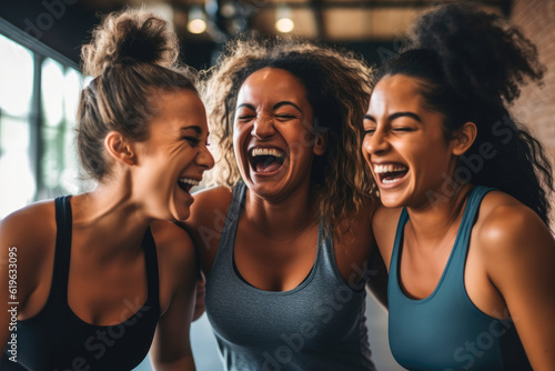 Group of women laughing after a gym workout, with joy and accomplishment, strengthening friendships while pursuing a healthy and active lifestyle together, generative ai