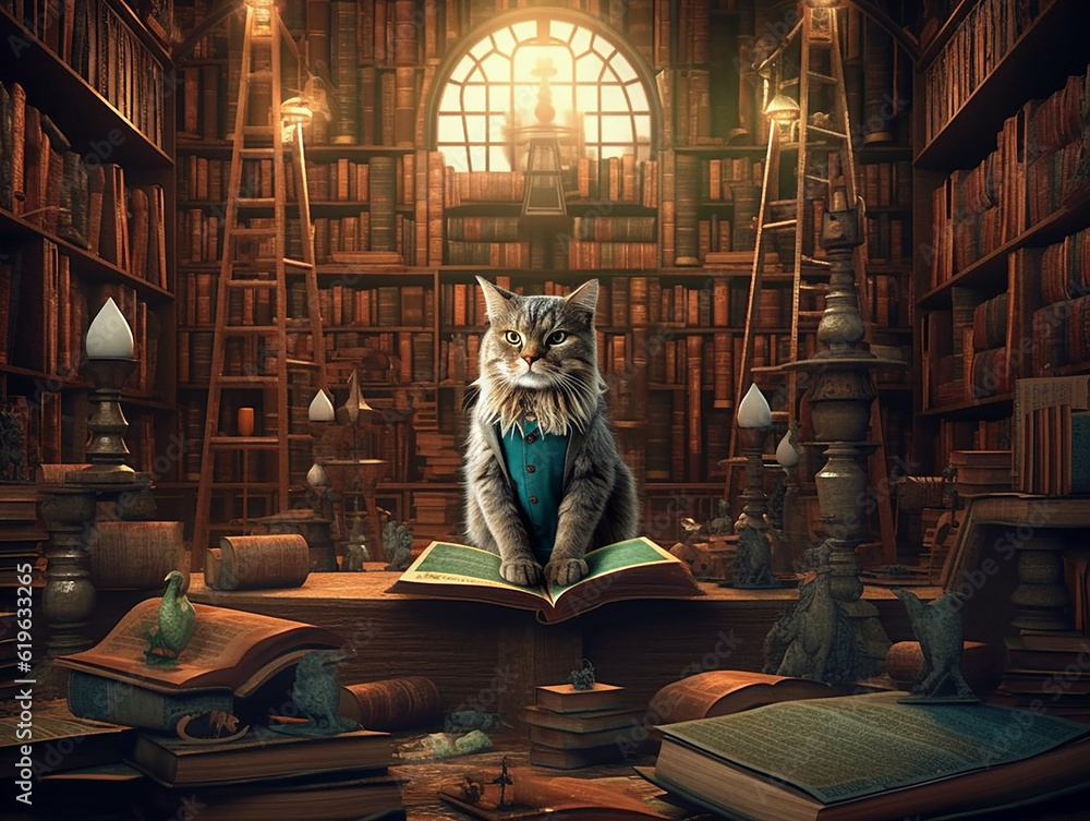 surrealist picture of a professor cat in a library, insane detail AI generative surrealist picture of a professor cat in a library, insane detail AI generative
