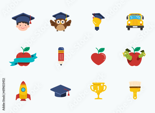 Back to School flat icons set. School element icon learning concept symbols and objects collection. Vector Illustration