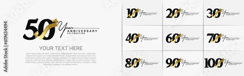 set of anniversary logo with black number and golden ribbon can be use for celebration
