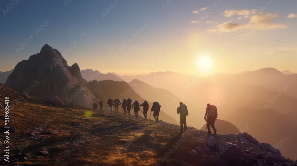  Group of hikers walks in mountains at early morning 