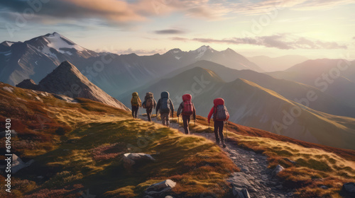  Group of hikers walks in mountains at early morning  © tashechka