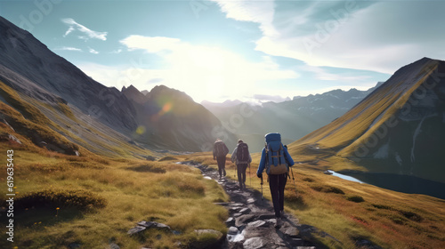  Group of hikers walks in mountains at early morning  photo